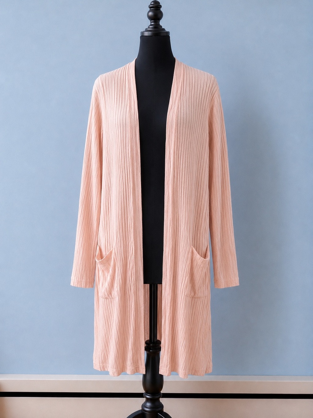 Women's Dusty Pink Ribbed Open-Front Long Cardigan
